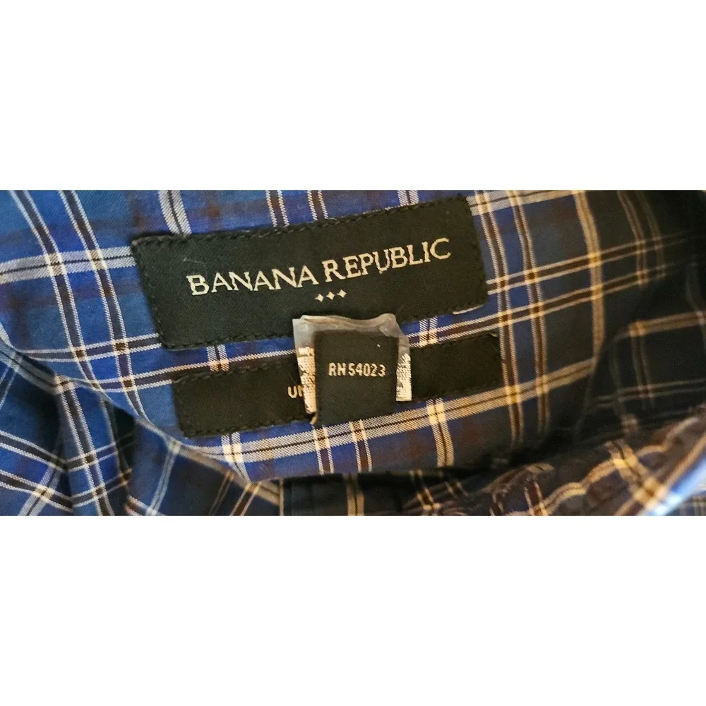 Banana Republic Mens Untucked Fit Navy Blue Plaid Button Down Shirt Large Casual